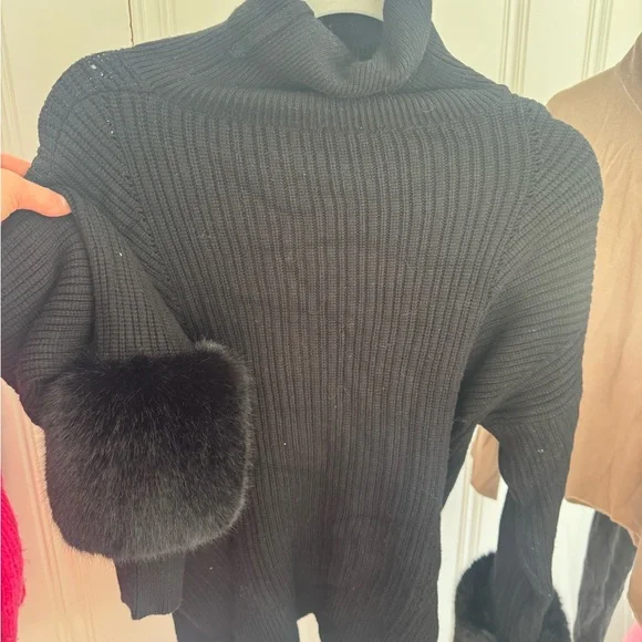 Saks Fifth Avenue Black Cowl Neck Sweater with Faux Fur Cuffs - Picture 1 of 3